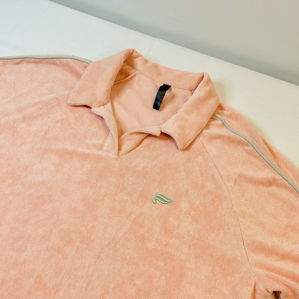 Fabletics The Island Terry Polo Pink W/Green Stripe Men’s Large - Picture 2 of 7